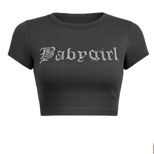 charcoal gray “𝔟𝔞𝔟𝔶𝔤𝔦𝔯𝔩” high stretch crop top | rhinestone graphic tee